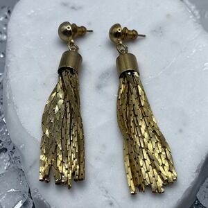 Vintage Gold Tone Tassel Earrings Pierced Dangle Drop Post Snake Chain Long